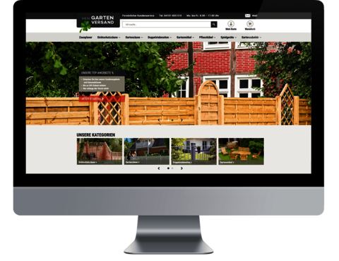 Mein Gartenversand - Konzeption und Realisierung des Magento Onlineshop Montage: Frontalansicht Monitor mit geöffnetem Online-Shop