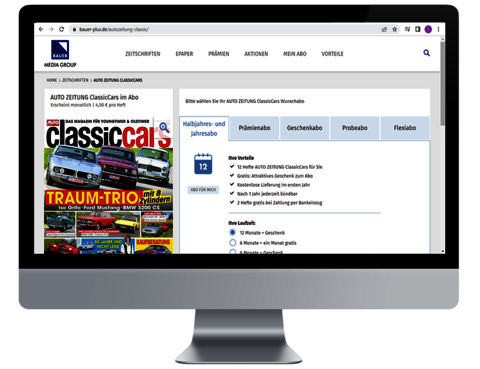 Bildmontage: Monitor mit Ansicht einer Zeitschrift im Onlineshop für Abonnements