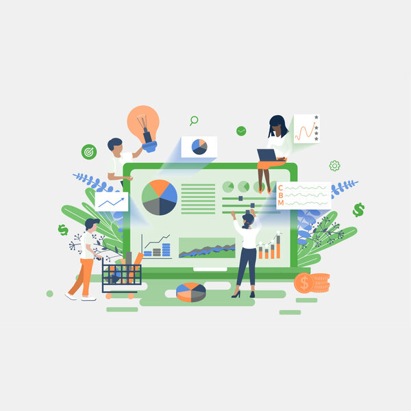 Illustration: Personen arbeiten an Präsentation