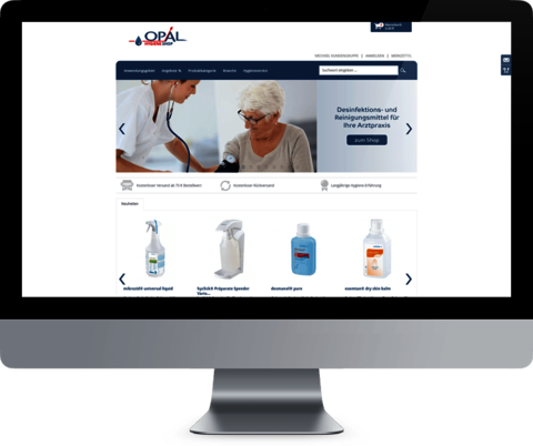 OPAL Service GmbH - Entwicklung eines Shopware Onlineshops Montage: Frontalansicht Monitor mit geöffnetem Online-Shop