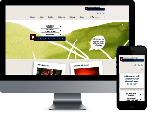 Bildmontage: Frontalansicht Monitor und Handy mit geöffneter Website von Andere Zeiten e.V.