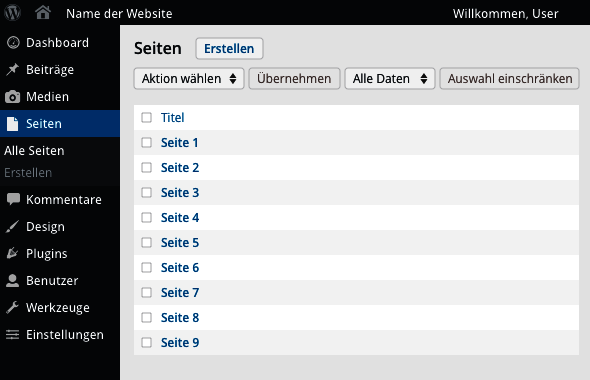 atlantis dx - TYPO3 vs WordPress Screenshot einer Auflistung der Unterseiten einer Website im WordPress Backend