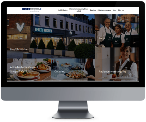 KGE Health Kitchen - Relaunch der Unternehmenswebseite Montage: Frontalansicht Monitor mit geöffneter Website