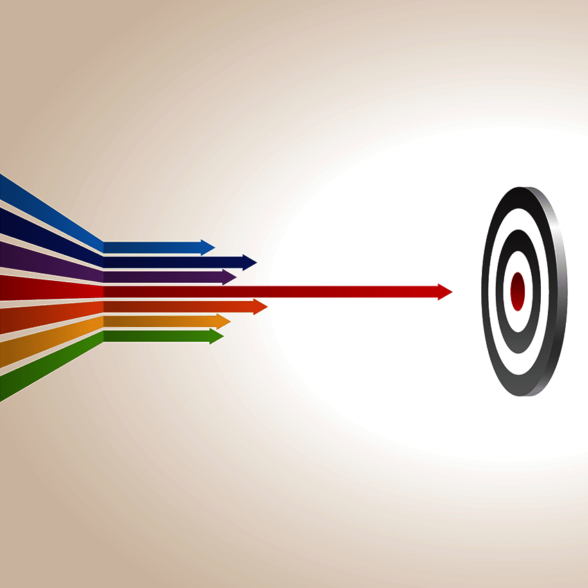 Grafik: mehrere bunte Pfeile zeigen von links nach rechts auf eine Zielscheibe