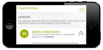 Project Partners Management GmbH - Relaunch der Corporate Website auf Basis von TYPO3 Handy mit geöffneter Website