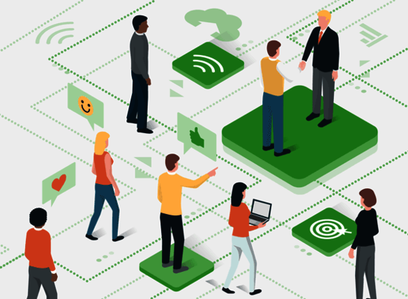 atlantis dx - Customer Experience Illustration: Menschen laufen über einen mit verschiedenen Symbolen bestückten Boden.