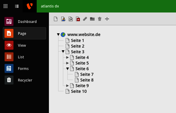atlantis dx - TYPO3 vs WordPress Screenshot vom hierarchischem Seitenbaum einer Website im TYPO3 Backend