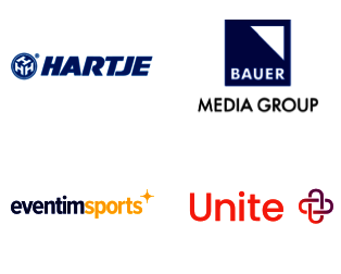 Collage: Logos von Hartje, Bauer Media Group, eventimsports, Unite auf weißem Hintergrund