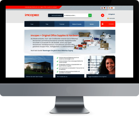 imcopex office supplies - Relaunch des B2B Shops Montage: Frontalansicht Monitor mit geöffnetem Online-Shop