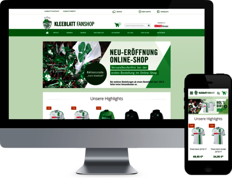 SpVgg Greuther Fürth - Onlineshop für Fußballklub-Merchandise mit Magento 2 Montage: Frontalansicht Monitor und Handy mit geöffnetem Online-Shop