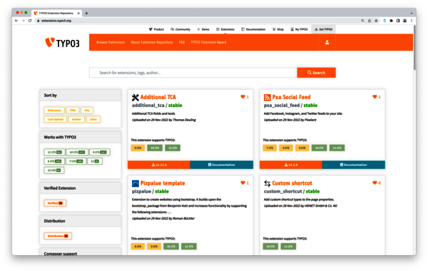 Screenshot vom TYPO3 Repository