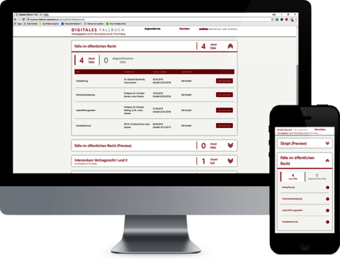 atlantis dx - Bucerius Law School GmbH: Digitales Fallbuch mit TYPO3 Bildmontage: Monitor mit geöffneter Übersichtseite der Fälle im Fallbuch, rechts daneben Hany mit mobiler Ansicht der Seite