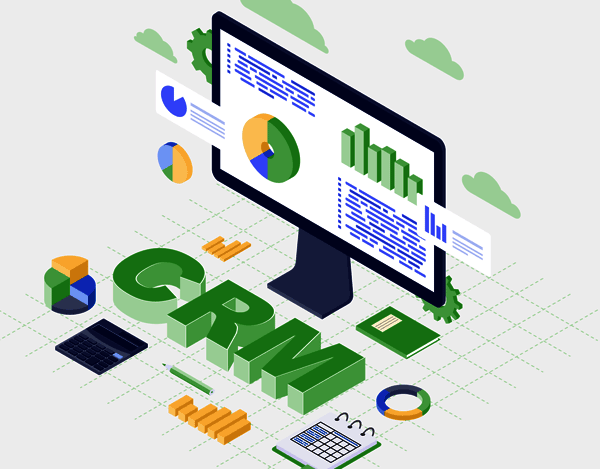 atlantis dx - CRM Illustration: Monitor mit Balkendiagramm und Tortendiagramm. Im Vordergrund liegen weitere Diagramme, 3D-Darstellung des Schriftzugs CRM