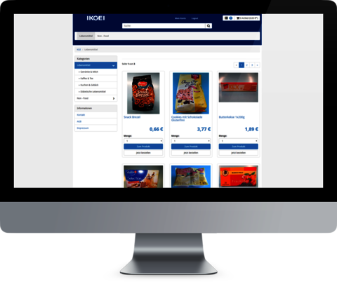 KGE GmbH - Gastronomieshop für Kliniken auf Basis von Shopware Montage: Frontalansicht Monitor mit geöffnetem Online-Shop