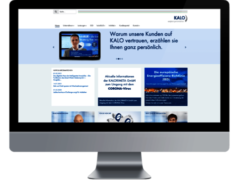 KALO-Gruppe - Relaunch aller Unternehmenswebsites der KALO-Gruppe mit TYPO3 Montage: Frontalansicht Monitor mit geöffneter Website