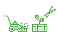 Illustration: Rasenmäher, Pflanzgefäß und Gartenschere
