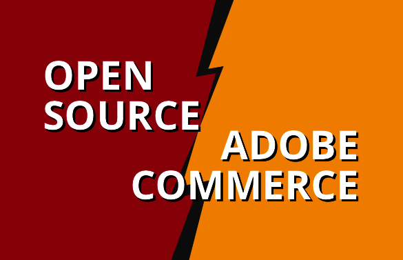 atlantis dx - Open Source vs. Adobe Commerce Rechteckige Grafik: linke Fläche in Rot mit weißem Text Open Source, rechte Fläche in Gelb mit weißem Text Adobe Commerce, Flächen durch einen dunklen Blitz getrennt