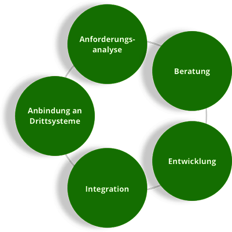 Grafik: Kreislauf mit grünen Kreisen für Anforderungsanalyse,  Beratung, Entwicklung, Integration, Anbindung an Drittsysteme