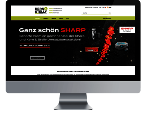 Kern & Stelly Medientechnik GmbH - Entwicklung eines B2B Online-Shops auf Basis von Magento Montage: Frontalansicht Monitor mit geöffnetem Online-Shop