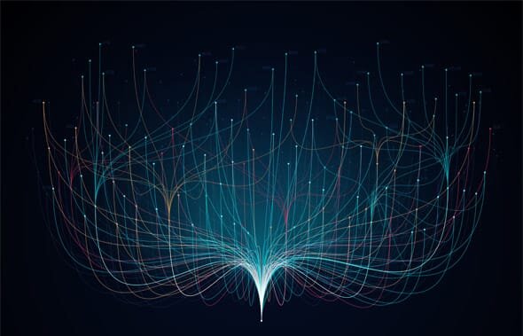 Illustration: Netzwerk Visualisierung mit hellen Punkten, verbunden durch nach oben laufende Linien