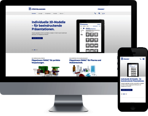 Pöppelmann GmbH & Co. KG - Relaunch der Corporate Website auf Basis von TYPO3 Montage: Frontalansicht Monitor und Handy mit geöffneter Website
