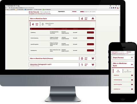 Bildmontage: Monitor mit geöffneter Übersichtseite der Fälle im Fallbuch, rechts daneben Hany mit mobiler Ansicht der Seite