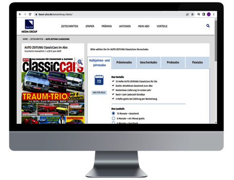 atlantis dx - Bauer Media Group: Abonnement-Shop mit Magento 2 Bildmontage: Monitor mit Ansicht einer Zeitschrift im Onlineshop für Abonnements