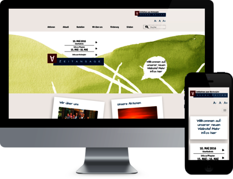 atlantis dx - Andere Zeiten e.V.: Relaunch der TYPO3-Website Bildmontage: Frontalansicht Monitor und Handy mit geöffneter Website von Andere Zeiten e.V.