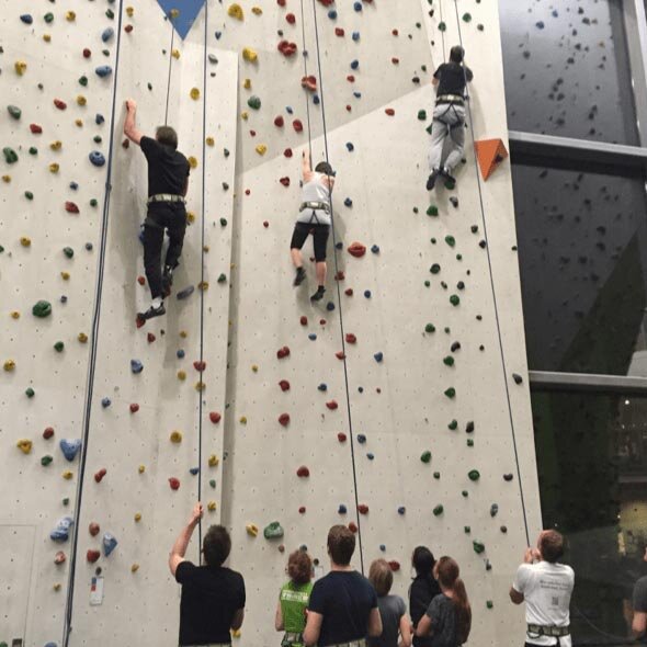 Foto: atlantis dx Mitarbeiter klettern zusammen eine Wand in einer Kletterhalle hoch