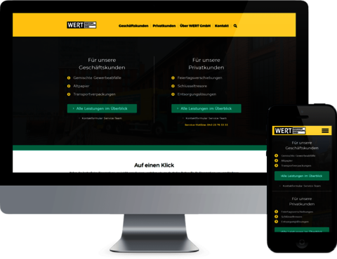 WERT Wertstoff-Einsammlung GmbH - Relaunch der Unternehmenswebsite Montage: Frontalansicht Monitor und Handy mit geöffneter Website