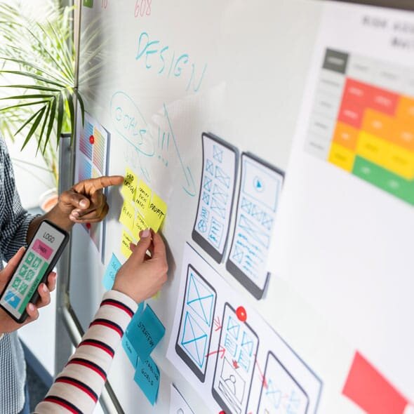Foto: seitliche Ansicht eines Whiteboards mit Ausdrucken verschiedener Designs für Websites