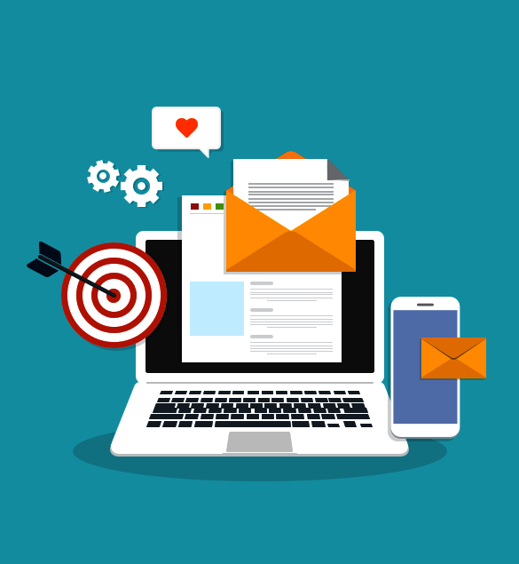 Illustration verschiedener Marketingmaßnahmen: Laptop mit Newsletter-Symbol, Handy mit E-Mail-Symbol, Sprechblase mit Herz, Zielscheibe mit Pfeil in der Mitte