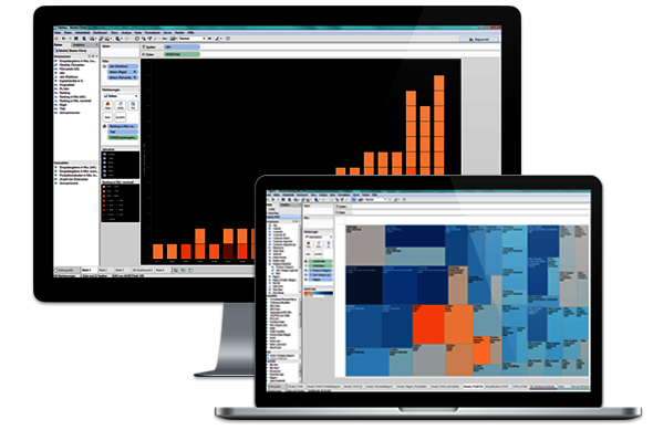 Collage: Screenshots von Tableau Dashboards auf einem Monitor und einem Laptop, Frontansicht