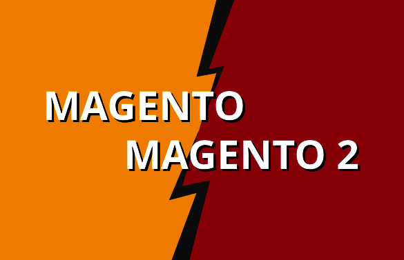 atlantis dx - Magento vs. Magento 2 Rechteckige Grafik: linke Fläche in Gelb mit weißem Text Magento, rechte Fläche in rot mit weißem Text Magento 2, Flächen durch einen dunklen Blitz getrennt