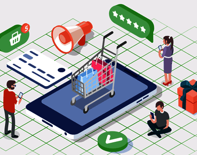 atlantis dx - Funktionen und Erweiterungen Magento Shopsystem Illustration: Einkaufswagen auf einem liegenden Handy, um den Wagen herum liegen Symbole für Rabatt, Einkaufswagen, Geschenk