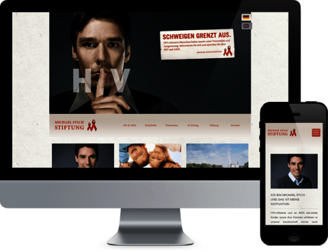 MICHAEL STICH STIFTUNG - Pro Bono Relaunch der Stiftungs-Website Montage: Frontalansicht Monitor und Handy mit geöffneter Website