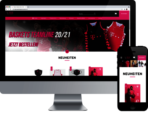 atlantis dx - EVENTIM SPORTS: Online-Shop-Plattform für Merchandising mit Magento 2 Bildmontage: Monitor mit Startseite eines Merchandising-Shops, rechts daneben Handy mit mobiler Ansicht der Website