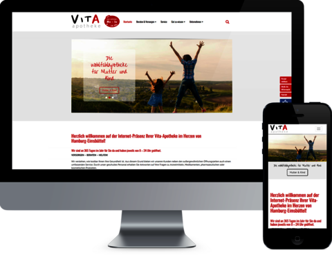 Vita-Apotheke - Relaunch des Internetauftritts mit TYPO3 Montage: Frontalansicht Monitor und Handy mit geöffneter Website