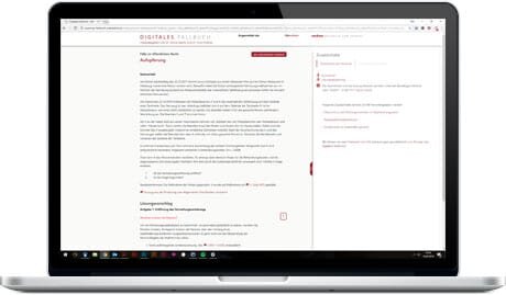 atlantis dx - Bucerius Law School GmbH: Digitales Fallbuch mit TYPO3 Bildmontage: Frontale Ansicht Laptop mit geöffnetem Fall mit Fallschilderung und Fragen
