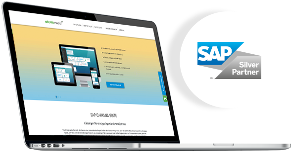 Collage: Seitliche Abbildung eines geöffneten Laptops, eine Website ist geöffnet. Rechts daneben: Logo SAP Silver Partner