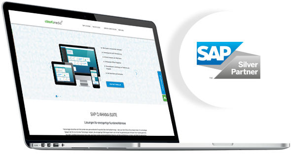 Collage: Seitliche Abbildung eines geöffneten Laptops, eine Website ist geöffnet. Rechts daneben: Logo SAP Silver Partner