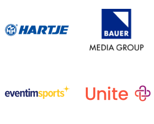 Collage: Logos von Hartje, Bauer Media Group, eventimsports, Unite auf weißem Hintergrund