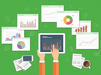 Grafik: Hände bedienen ein Tablet mit verschiedenen Diagrammen und Grafiken