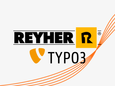 Logos von REYHER und TYPO3 mit orangen Streifen im Hintergrund