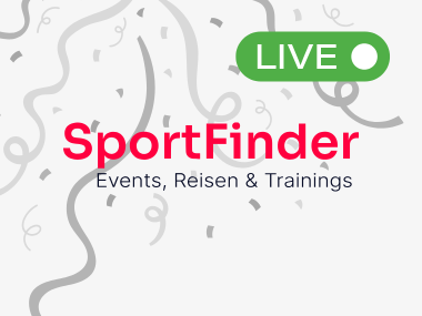 Bild: SportFinder Logo auf hellem Hintergrund mit Konfetti und Live-Anzeige
