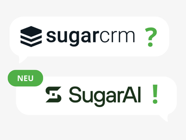 Bild: Altes SugarCRM und neues SugarAI Logo auf hellem Hintergrund in Sprechblasen
