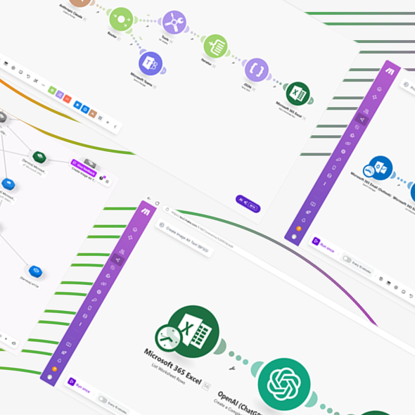 Grafik mit verschiedenen Screens diagonal angeordnet mit Make Workflows