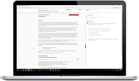 atlantis dx - Bucerius Law School GmbH: Digitales Fallbuch mit TYPO3 Bildmontage: Frontale Ansicht Laptop mit geöffnetem Fall mit Fallschilderung und Fragen