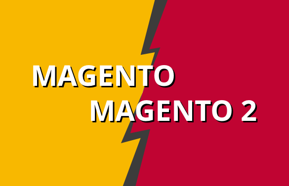 atlantis dx - Magento vs. Magento 2 Rechteckige Grafik: linke Fläche in Gelb mit weißem Text Magento, rechte Fläche in rot mit weißem Text Magento 2, Flächen durch einen dunklen Blitz getrennt
