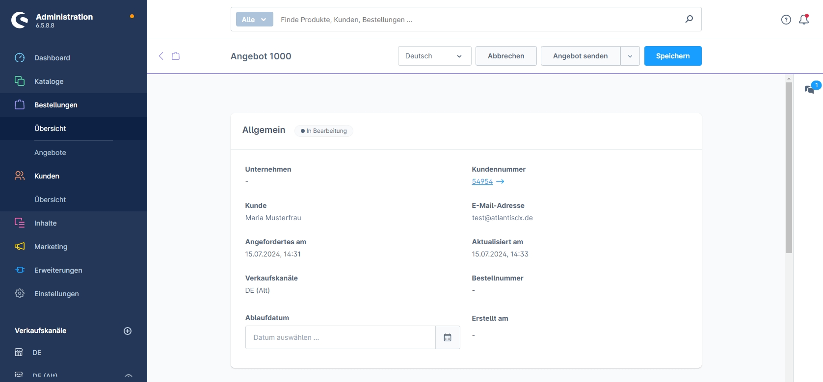 atlantis dx - Shopware Backend Anfrage Screenshot aus dem Shopware Backend mit Anfragedetails